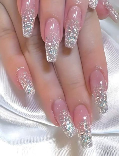 Nails With Glitter, Silver Glitter Nails, Magic Nails, Light Pink Nails, Ombre Acrylic Nails, Coffin Shape Nails, Pink Nail Designs, Cute Rings, False Nails