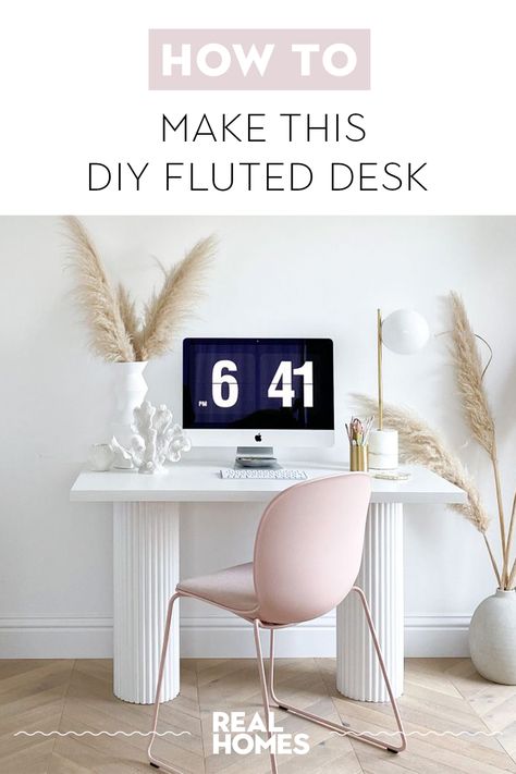 Standing Desk Leg Cover Diy, Desk Upcycle Ideas, Fluted Desk, Diy Standing Desk, Picture Molding, Quick And Easy Crafts, Desk Legs, Apt Ideas, Desk Height