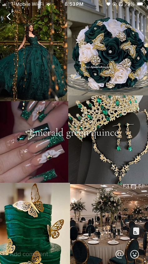 Emerald Green And Gold Quinceanera Dress, Emerald Green And Rose Gold Quinceanera Theme, Emerald Quinceanera Theme Decorations, Emerald Green Quinceanera Theme Rancho, Emerald Green Quinceanera Dresses With Gold, Slytherin Quinceanera Theme, Dark Enchanted Forest Theme Quinceanera, Emerald Green 15 Decorations, Quince Dark Green