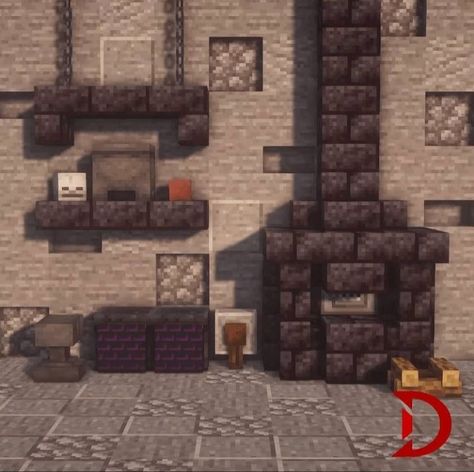 House In The Nether Minecraft, Minecraft Black Smith Interior, Minecraft Anvil Room Ideas, Armor Room Minecraft Ideas, Minecraft Blast Furnace Ideas, Minecraft Weaponsmith Interior, Minecraft Industrial Interior, Magic Room Minecraft, Minecraft Forge Room