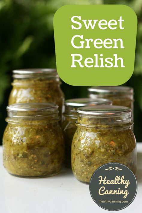 Sweet Green Relish. This is an attempt to replicate the Sweet Green Relish that is popular in more northern parts of North America such as Chicago and Southwestern-Ontario, while sticking very closely to a tested canning recipe from a reputable source. All that was modified was the flavourings. Sugar and salt free, too! #canning Sweet Green Relish Recipe, Healthy Canning, Green Tomato Relish, Zucchini Relish, Food Processor Uses, Home Canning Recipes, Relish Recipes, Sweet Pickles, Pickling Cucumbers