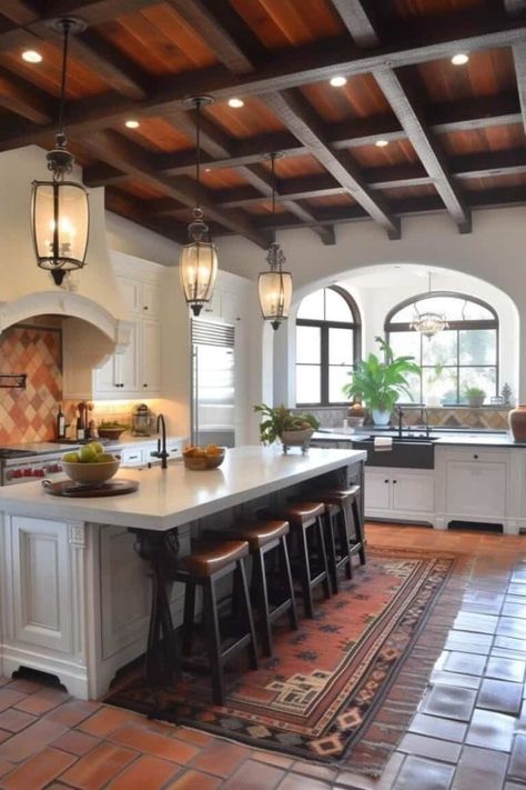 Modern Mediteranian Kitchens, Spanish Style Homes Kitchen, Mexican Farmhouse Decor Hacienda Style, Spanish Adu, Spanish Style Kitchen Mexican Hacienda, Spanish Style Homes Interior Kitchen, Mexican Modern House, Hacienda Style Homes Interiors, Hacienda Style Decor