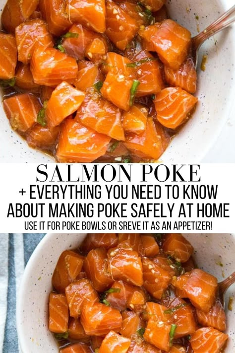 Salmon For Poke Bowl, Poke Salmon Marinade, Spicy Salmon Poke Bowl, How To Make Poke Bowl At Home, Poke Marinade, Salmon Poke Recipe, Poke Sauce Recipes, Poke At Home, Fresh Salmon Recipes