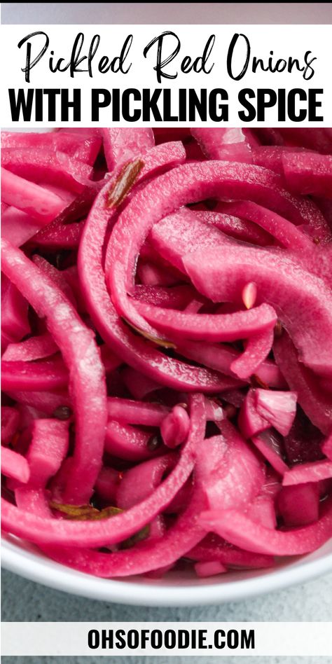 Text reads Pickled Red Onions With Pickling Spice Picketed Red Onions, Pickled Red Onions For Tacos, Onions For Tacos, Pickeled Red Onions, Red Onion Pickled, Onion Rings Dipping Sauce, Pickled Red Onion Recipe, Easy Pickled Red Onions, Pickle Onions