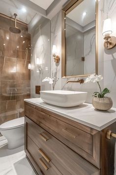 Small Luxurious Bathroom Ideas, Bathroom With Light Gray Walls, Powder Vanity Ideas, Modern Transitional Bathroom Master Bath, Modern Bathroom Sink Ideas, Classic Washroom Design, Large Powder Room Ideas, Fancy Powder Room, Cute Powder Room