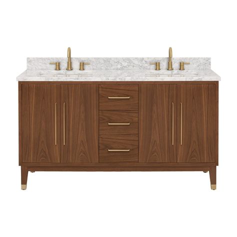 Studio Design Collection | Mina 61 inch Walnut Vanity with Carrarra Marble Top, Brown, Marble/Wood - Floor & Decor Walnut Bathroom Vanity, Kitchen Backsplash Inspiration, Walnut Bathroom, Walnut Vanity, Quartz Vanity Tops, Wood Bathroom Vanity, Brown Marble, Marble Wood, Double Sink Vanity