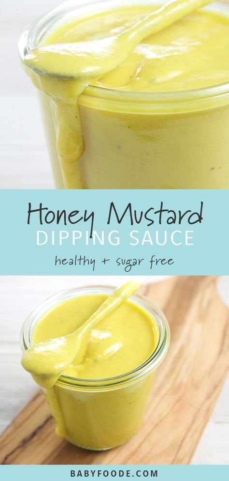 Wanna get your kid to eat more veggies? Give them a dip! This 5 ingredient Healthy Honey Mustard dressing is made with greek yogurt, honey, mustard and spices and will easily become your new favorite go-to dipping sauce. It's great for picky eaters to dip vegetables or chicken into, and a healthy and sugar free homemade dressing for salads. #sugarfree #healthy Healthy Honey Mustard Dressing, Healthy Honey Mustard, Greek Yogurt Honey, Honey Mustard Dip, Eat More Veggies, Yogurt Honey, Mustard Dip, Honey Mustard Salmon, Honey Mustard Dipping Sauce