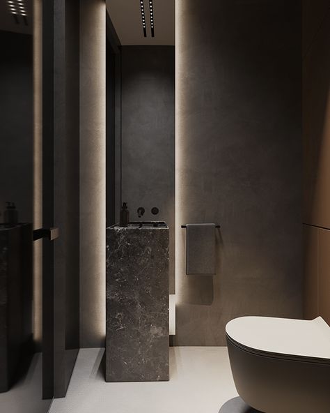 DUENDE penthouse on Behance Chinese Contemporary Interior, Mans Bathroom, Dark Modern Bathroom, Toilet Design Modern, Open Bathroom, Dark Modern, Steel Bathroom, Attic Renovation, Bathroom Design Decor