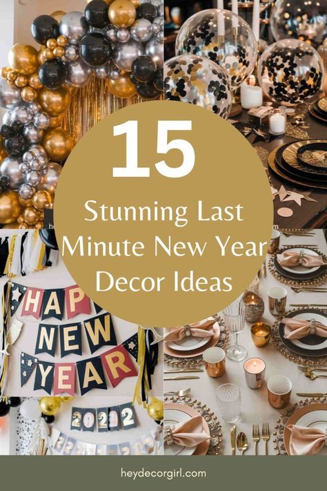 Transform your home into a festive wonderland with these dazzling New Year's Eve decoration ideas! From sparkling garlands and shimmering balloons to elegant centerpieces and festive table settings, find inspiration to create a memorable celebration. #NewYearsEve #NewYearDecorations #PartyDecorations #HomeDecor #NYE New Years Eve Tablescape Simple, New Year Day Decorations, New Years Easy Decorations, New Year Decorations Outdoor, New Years Home Decorations, Easy Diy Nye Decorations, Nye Table Decorations, New Years Decor Ideas, New Years Decoration Ideas Diy Simple