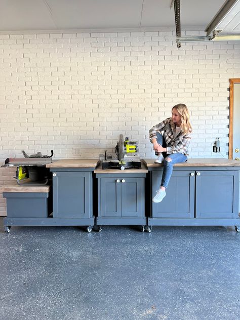 DIY Building Plans for Mobile Workbench: Miter Saw Stand, Table Saw Stand and Worktable - Come Stay Awhile by Amanda Vernaci | Modern Farmhouse DIY + Home Renovation Workbench Miter Saw, Cabinet Hardware Template, Miter Saw Stand, Diy Sideboard, Shaker Style Cabinet Doors, Table Saw Workbench, Miter Saw Table, Table Saw Stand, Mitre Saw Stand