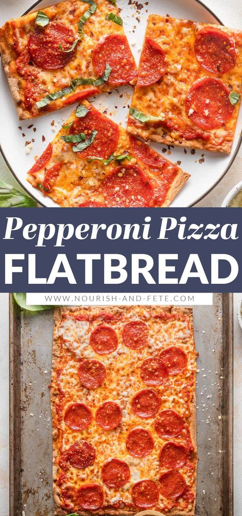 This super easy Flatbread Pepperoni Pizza takes about 5 minutes to toss together and another 10 minutes to bake, making it the perfect family-friendly meal for those days when you have no time and even less energy! Customize with your favorite toppings for a meal everyone will adore. Flatbread Pepperoni Pizza, Lavish Flatbread Pizza, Lavash Flatbread Pizza, Pepperoni Flatbread, Lavash Flatbread, Pizza Flatbread, Home Pizza, Pizza Recipes Pepperoni, Easy Flatbread