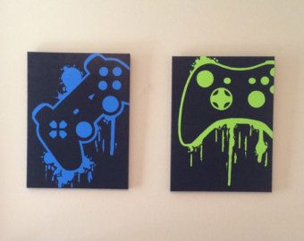 Two Patintings Set Game Controller Art, Sport Drawing, Boy Bedrooms, Gaming Party, Game Decor, Art Geek, Video Game Decor, Kids Painting, Selling Handmade Items