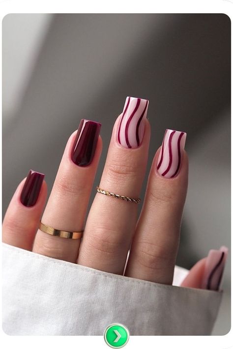 Burgundy nails with bold stripes add an edgy, artsy touch. This striking design makes a statement with minimal effort, perfect for a unique, modern style. Birth Nails, Burgundy Coffin Nails, Burgundy Nail Ideas, Burgundy Chrome Nails, Chrome Nails Ideas, Shower Nails, Basic Nail, Money Nails, Nails For Fall