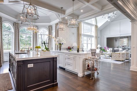 Double Kitchen Island Layout and Open Floor Plan - Large Kitchen Plan Large Kitchen Plans, Luxury Kitchen Design Open Concept, Kitchen Island Layout, Muskoka Ontario, Double Island, Double Island Kitchen, Open Floor Plan Kitchen, Lake House Kitchen, Kitchen Floor Plans