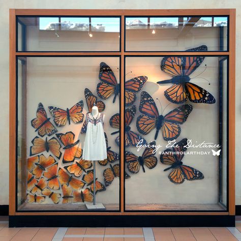 Every April, the windows of our stores become more than a showcase for artful installations—they become a platform for our Earth Day efforts, a means to raise awareness of causes near and dear to our hearts. This year is no different, as we pay tribute to the monarch butterfly, whose annual migration—one of nature’s greatest … Anthropologie Display, Spring Window Display, Window Display Retail, Visual Merchandising Displays, Store Window Displays, Window Display Design, Spring Window, Retail Windows, Display Props