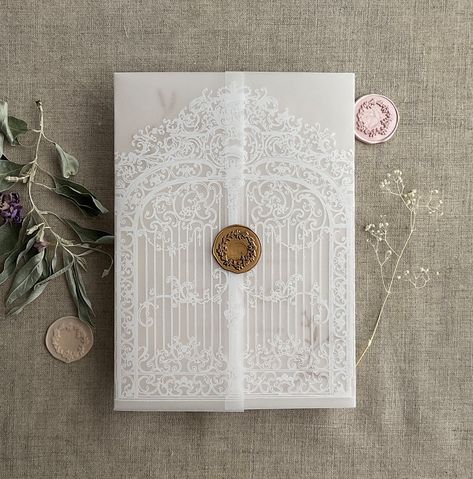 Arched Gate, Arch Gate, Vellum Jacket, Fairytale Style, Printed Vellum, Vellum Wrap, Palace Gardens, Acrylic Invitation, Acrylic Invitations