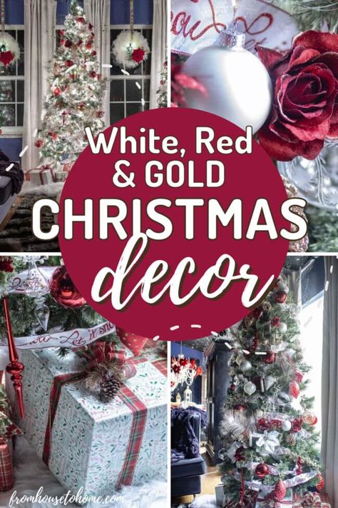 These red and white Christmas decorating ideas are beautiful! So many simple and inexpensive ways to make your home look festive and elegant. I love the gold accents. Red White Gold Christmas Decor, Gold Christmas Home Decor, White Christmas Decorating Ideas, Red And Gold Christmas, Red Gold Christmas, Christmas Home Decor Ideas, Red And Gold Christmas Tree, Red Christmas Decor, Red And White Christmas