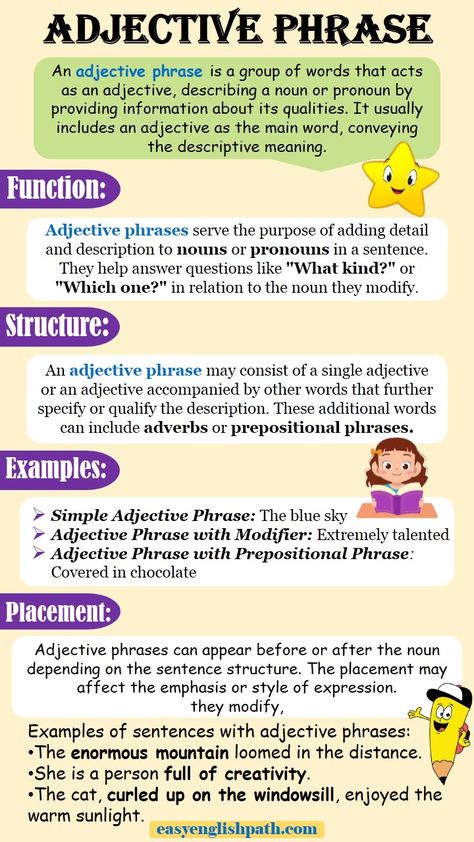 Adjective Phrases, Formation with Examples In English. Adjective Phrase in English Adjective Phrase, Coordinate Adjectives, Participial Phrases, Possessive Adjectives, English Adjectives, School Study Ideas, Teaching English Grammar, Study Ideas, Learn English Grammar