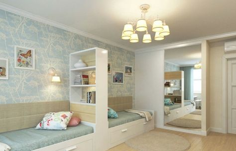 deux lits simples séparés l'un de l'autre par une étagère de séparation - idée astucieuse d'aménagement chambre deux enfants Kids Rooms Shared, Shared Girls Room, Kids Shared Bedroom, Shared Girls Bedroom, Organizer Ideas, Kids Bedroom Inspiration, Kids Bedroom Designs, Kids Interior Room, Girl Bedroom Designs