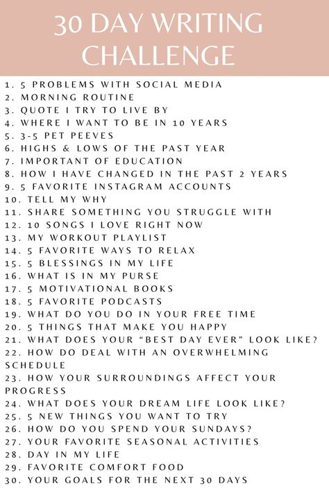 I challenge you to 30 days of writing. #30daychallenge #30daywritingchallenge #blog #blogging #bloggingtips #blogtips #blogtopics #blogideas #blogpost #writingtips #writinginspiration #writingprompts #writingactivities #lifestyle #lifestyletopics #lifestyleblog #lifestyleblogger 30 Days Of Writing, Boujee Apartment, Nutty Professor, 30 Day Writing Challenge, Mindfulness Journal Prompts, Journal Inspiration Writing, Healing Journaling, Social Emotional Learning Activities, Journal Lists