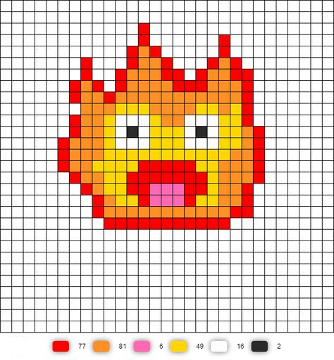 Calcifer from Howl's Moving Castle - Perler bead pattern Howl's Moving Castle Pixel Art, Howl's Moving Castle Crafts, Calcifer Cross Stitch Pattern, Howls Moving Castle Embroidery Pattern, Perler Bead Easy Patterns, Howls Moving Castle Craft Ideas, Howls Moving Castle Knitting, Studio Ghibli Bead Pattern, Perler Beads Howls Moving Castle