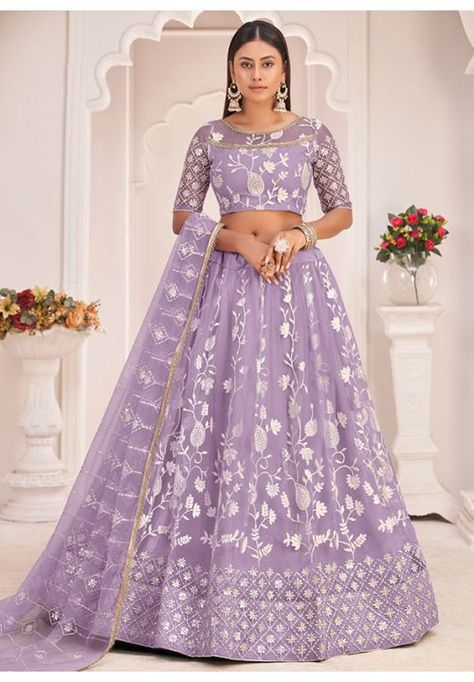 Lavender Embroidered Net Lehenga Choli Lavender Colour Lehenga, Lilac Outfits, Lehenga Purple, Dresses For Eid, Beautiful Lengha, Lavender Lehenga, Embroidered Skirts, Bridal Wedding Lehenga, Purple Lehenga