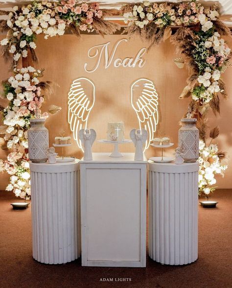 Holy Communion Stage Decorations, Baptism Stage Decoration Kerala, Simple Baptism Decorations, Baptism Stage Decoration, Baptism Decorations Backdrops, Baptism Backdrop Ideas, Baby Dedication Decor, Holy Communion Decorations, Boy Communion Cake