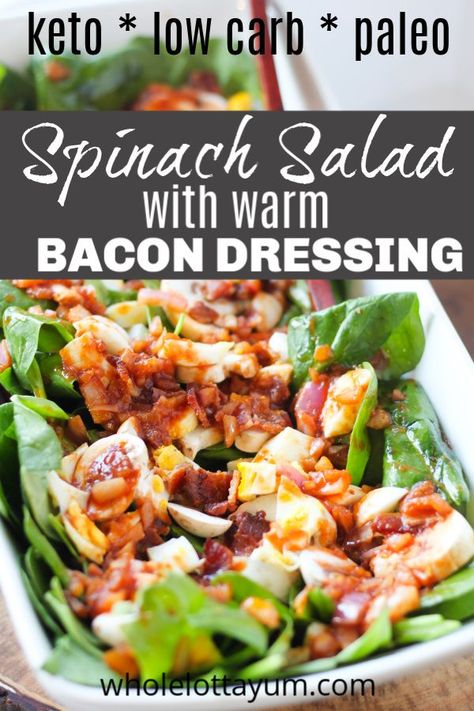 A low carb keto spinach salad with bacon and eggs, and a warm bacon dressing. You'll love this no sugar spinach bacon salad recipe that's also gluten free, dairy free and paleo (with adaptions). This makes the perfect keto salad recipe, holiday side dish or BBQ potluck dish. Keto Spinach Salad, Spinach Bacon Salad, Spinach Salad With Bacon, Wilted Spinach Salad, Warm Bacon Dressing, Bbq Potluck, Keto Spinach, Hot Bacon Dressing, Bacon Dressing