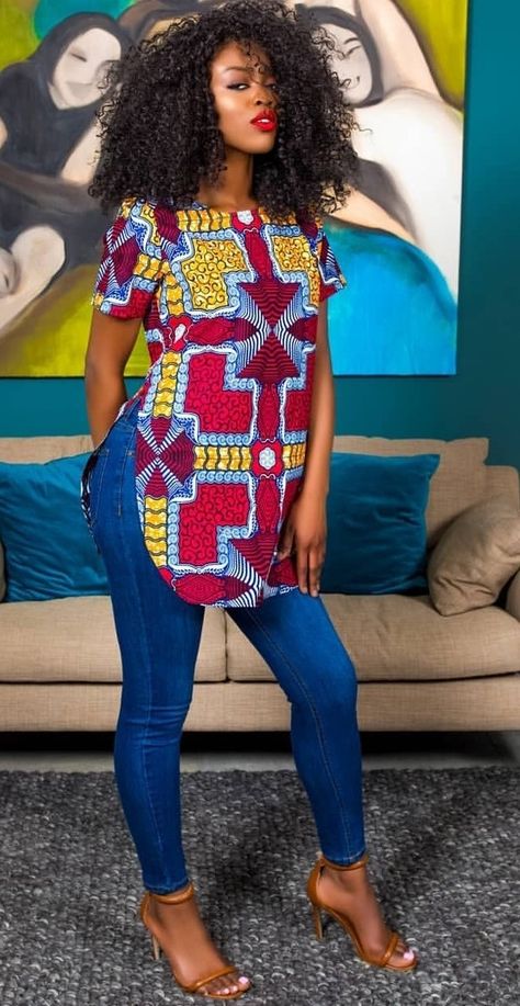 Ankara Tops For Ladies, Ankara Top Styles, Jumpsuits Elegant, African Tops For Women, Modern African Clothing, Kitenge Designs, Jean Trousers, Ankara Tops, African Tops