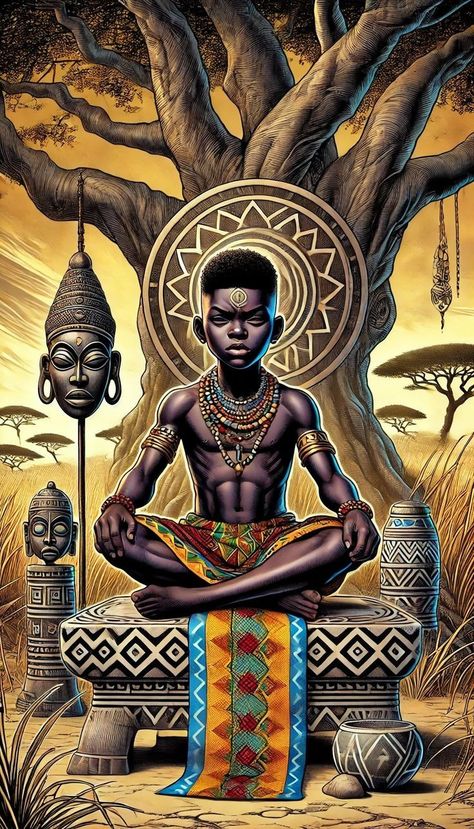 African Warrior Tattoos, African Superhero, Orishas Yoruba, Afrofuturism Art, Futurism Art, African American Artwork, Meditation Poses, Black God, African Paintings