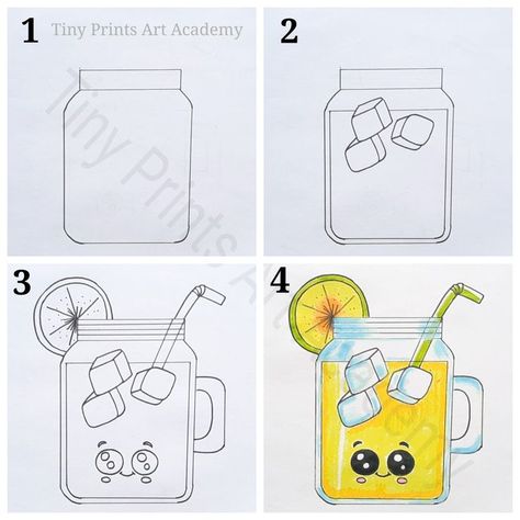 Kawaii Food Drawings Step By Step, Kawaii Drawings Tutorial, Juice Drawing, Juice Cartoon, Easy Fish Drawing, Lemonade Juice, Kids Lemonade, Easy Christmas Drawings