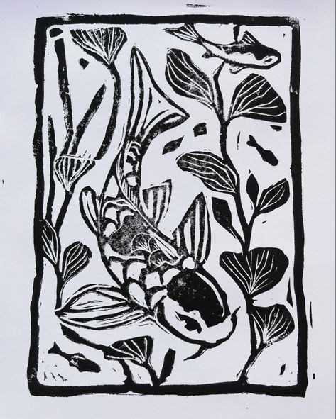 Koi Block Print, Koi Fish Block Print, Lino Fish Prints, Koi Fish Stamp Tattoo, Koi Linocut, Koi Fish Black And White, Koi Fish Stamp, Two Koi Fish, Koi Fish Linocut