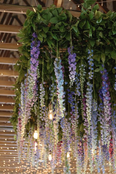 Hanging Lavender Wedding, Pink Purple Decor, Lavender Hanging From Ceiling, Hanging Delphinium Wedding, Flower Prom Decorations, Blue Themed Tea Party, Pink Purple Blue Flower Arrangement, Wedding Blue And Purple Theme, Wisteria Ceiling Wedding