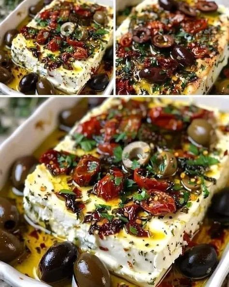 Ina Garten Cooking | 🧀 Baked Feta with Olives & Sun-Dried Tomatoes 🍅 | Facebook Baked Feta With Olives, Feta With Olives, Rachael Ray Recipes, Paula Deen Recipes, Martha Stewart Recipes, Baked Feta, Jamie Oliver Recipes, Grandmas Recipes, Sun Dried Tomatoes