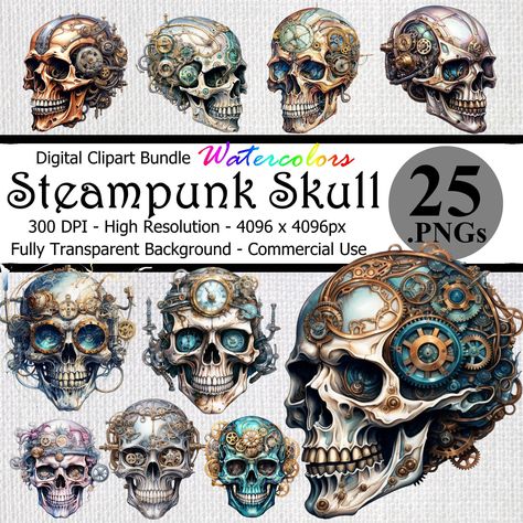 Skull Watercolor, Skulls Art, Steampunk Skull, Skull Icon, Human Skull, Art Png, Digital Watercolor, Skull Design, Skull Art