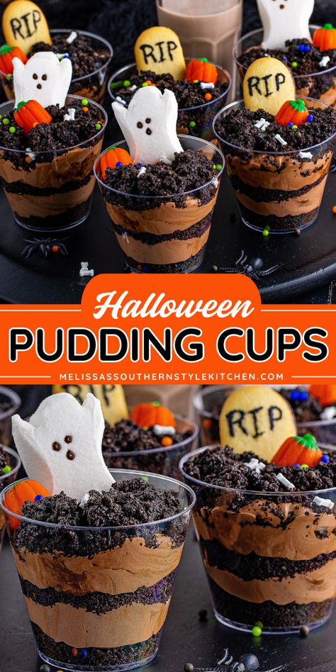 Here's a fun Halloween treat to make! This Halloween Pudding Cups recipe features layers of crushed Oreo cookies and a chocolate pudding mousse decorated with sprinkles, cookies, and peep ghosts. Save this easy Halloween party food that the whole family can make! Holloween Desserts, Graveyard Dessert, Graveyard Pudding, Halloween Fingerfood, Candy Pumpkins, Spooky Halloween Desserts, Halloween Deserts, Dessert Halloween, Cookie Cups Recipe