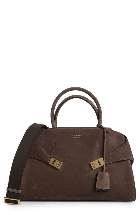 FERRAGAMO Medium Hug Suede Top Handle Bag available at #Nordstrom Suede Top, Suede Tops, Oxford Heels, Mens Uggs, Woman Bags Handbags, Platform Slippers, Fabric Gift Bags, Handle Bag, Retro Inspired