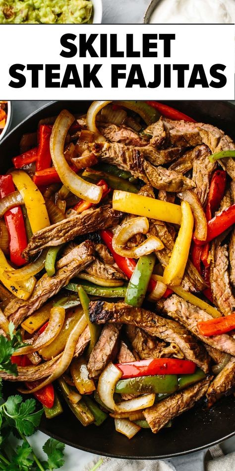 Skillet steak fajitas Steak Fajita Marinade, Beef Fajita Recipe, Steak Fajitas Recipe, Skirt Steak Fajitas, Flank Steak Fajitas, Easy Steak Fajitas, Skirt Steak Recipes, Skillet Steak, Steak Fajita Recipe