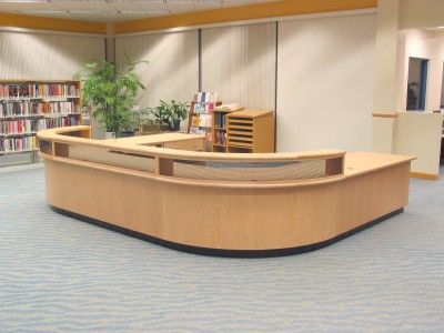 Circulation Desk - Contact us to learn more or purchase. Sales@jennifer-nelson.com Library Circulation Desk Ideas, Librarian Desk, Library Circulation Desk, Circulation Desk, Receptionist Desk, Computer Desk Design, Library Desk, Cabinet Medical, Library Architecture