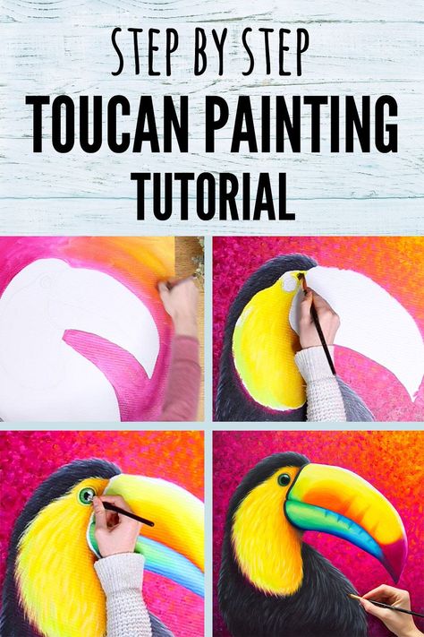 An easy step by step tutorial showing you how to paint a colorful toucan bird in acrylic paints!