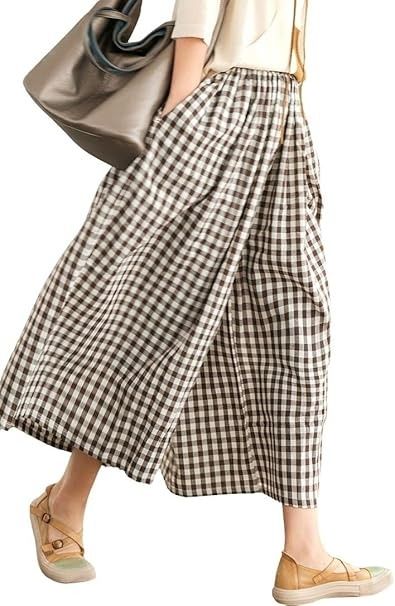 chouyatou Women's Cotton Linen Pants Elastic Waist Plaid Gingham Wide Leg Capri Palazzo Pants (Small, Coffee Brown) at Amazon Women’s Clothing store Plaid Wide Leg Pants, Plaid Pants Women, Wide Leg Pants Casual, Gingham Linen, Gingham Pants, Cotton Linen Pants, Pants Elastic Waist, Coffee Brown, Pants Casual