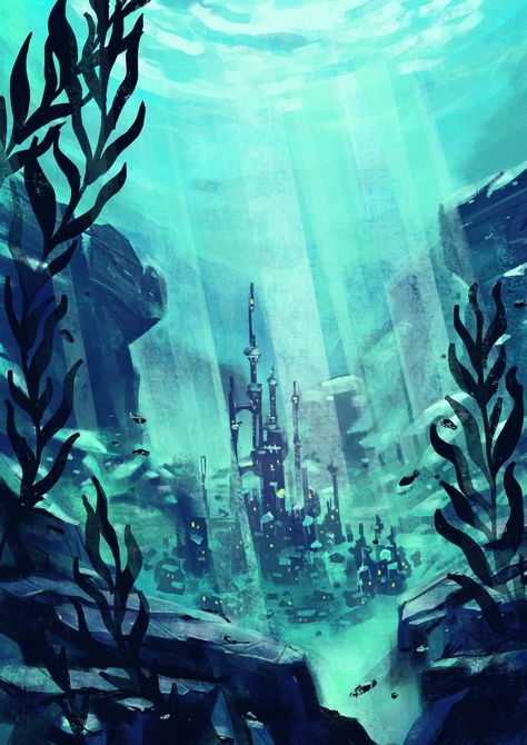 Underwater City Concept Art, City Concept Art, Underwater Drawing, Ocean Drawing, Underwater Painting, Underwater City, Underwater Art, City Drawing, Fantasy Art Landscapes