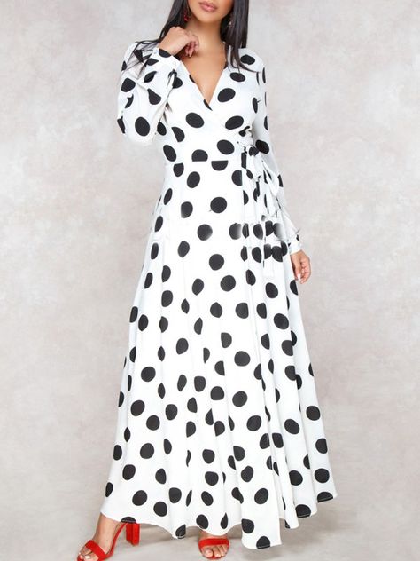 Whitw Dress, Polkadot Fashion, Polka Dot Gown, Gown Belt, Dot Print Dress, Gown Style, Long Dress Casual, Maxi Dress Cotton, Polka Dress