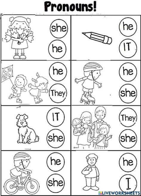 Personal pronouns interactive activity for Grade 1. You can do the exercises online or download the worksheet as pdf. He She It Worksheets For Grade 1, He She It Worksheet, English Pronouns, Personal Pronouns Worksheets, Pronoun Activities, English Grammar For Kids, English Worksheets For Kindergarten, Grammar For Kids, English Teaching Materials