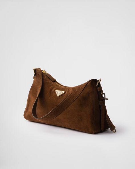 Cocoa Brown Prada Aimée Medium Suede Shoulder Bag | PRADA Shoulder Bag Prada, Triangle Bag, Bag Prada, Prada Shoulder Bag, Cocoa Brown, Triangle Logo, Ring Metal, Metal Hardware, Nappa Leather