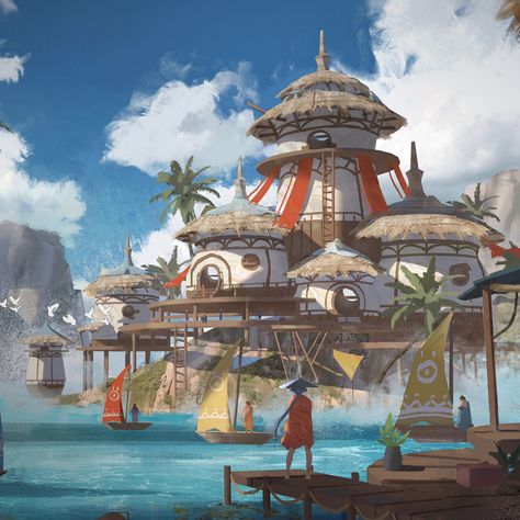 Water Village Fantasy Art, Lore Idea, Art Scenery, City Ideas, Fantasy Architecture, Fantasy Village, Fantasy Town, Fantasy Background, Fantasy City