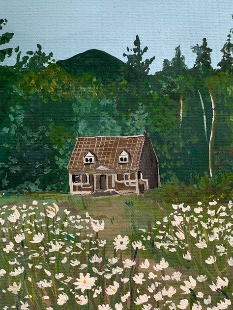 Cottage Core Animal Drawing, Cottagecore House Painting, Cottage Core Landscape Painting, Simple Cottagecore Painting, Garden Painting Ideas Canvas Easy, Simple Cottage Painting, Country Landscape Drawing, Cottagecore House Drawing, Aesthetic Cottagecore Drawing