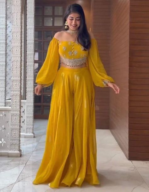 Outfit For Haldi Function, Yellow Dress For Haldi Function, Yellow Crop Top Outfit, Dress For Haldi Function, Crop Top Outfits Indian, Haldi Dress Ideas, Crop Top Palazzo, Plazo Dress, Long Skirt Top Designs