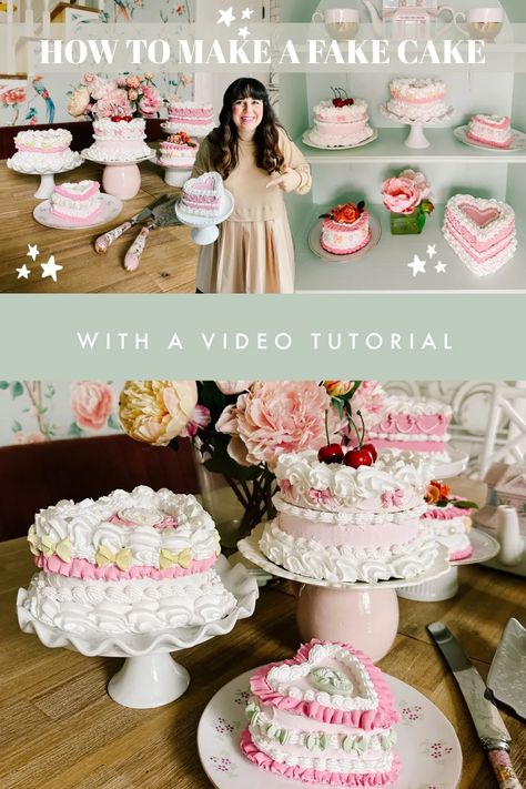 How to make a fake cake- a DIY prop made from a jewelry box to look like a vintage cake. This artificial or faux dessert can be made of styrofoam or cardboard. A tutorial for how to decorate with piping tips, ideas on cute cakes, and which spackle to use for frosting. Diy Dessert Decorations, Using Spackle For Crafts, How To Make Fake Cakes For Display, Foam Cake Decoration, Fake Cake Tutorial, Cake Photography Ideas Backgrounds, Fake Desserts Props Diy, Faux Cake Diy How To Make, Fake Cake Craft