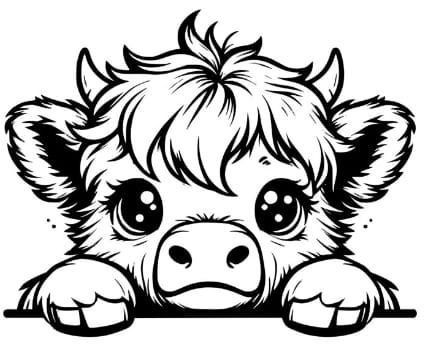 Cow Art Ideas, Cute Highland Cow Drawing, Highland Cow Drawing Easy, Highland Cow Coloring Page, Chloe Tattoo, Highland Cow Tattoo, Cow Tattoo, Cow Coloring Pages, Cow Vector